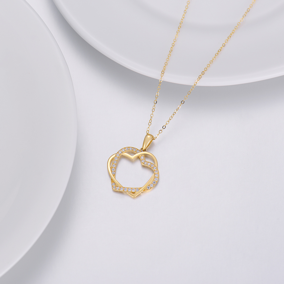 Coração de zircônia cúbica em ouro amarelo 14K com colar com pingente de coração para mulheres-4