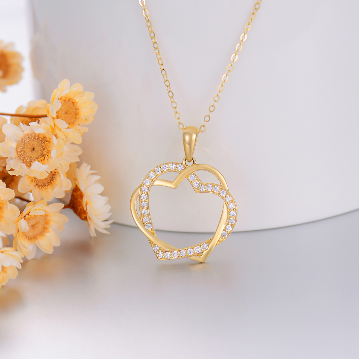 14K Yellow Gold Cubic Zirconia Heart With Heart Pendant Necklace For Women-5