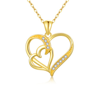 10K Gold Cubic Zirconia Heart With Heart Pendant Necklace For Women-44