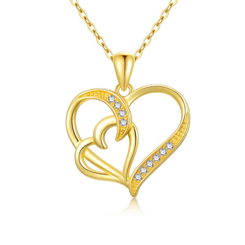 10K Gold Cubic Zirconia Heart With Heart Pendant Necklace For Women-5