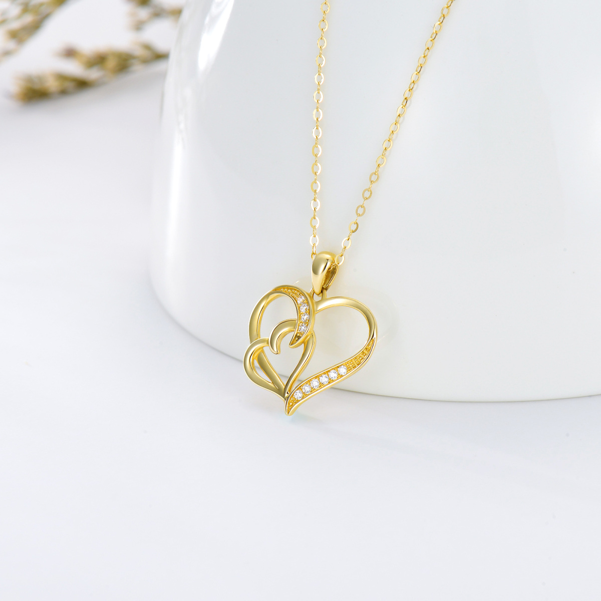 14K Oro Cúbico Zirconia Corazón Con Corazón Collar Colgante-3