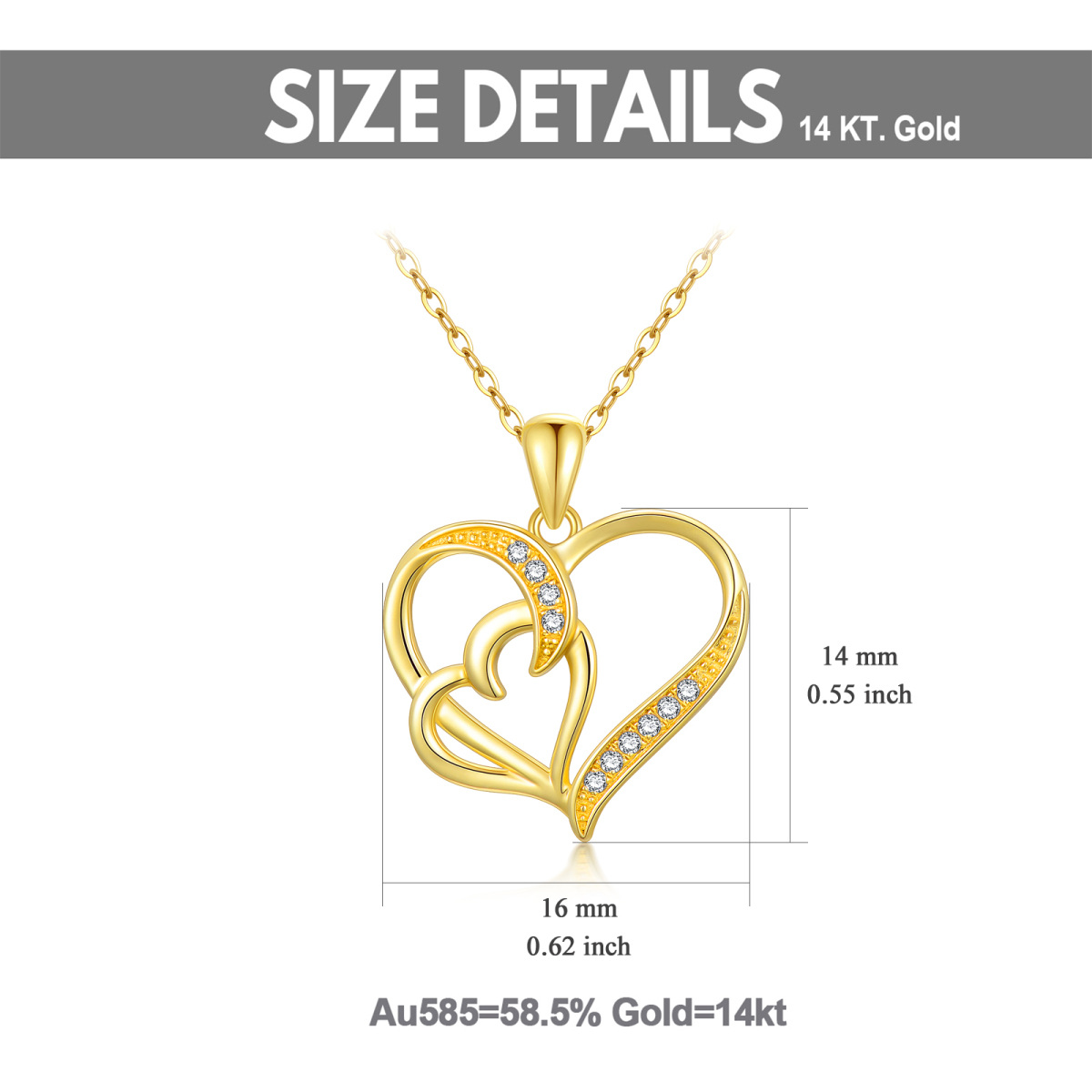 14K Oro Cúbico Zirconia Corazón Con Corazón Collar Colgante-5