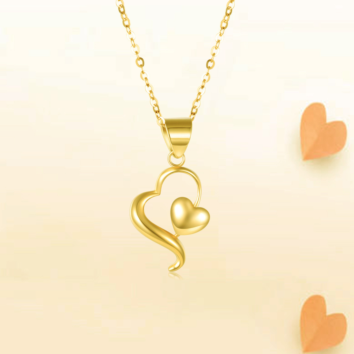 14K Gold Heart With Heart Pendant Necklace-5