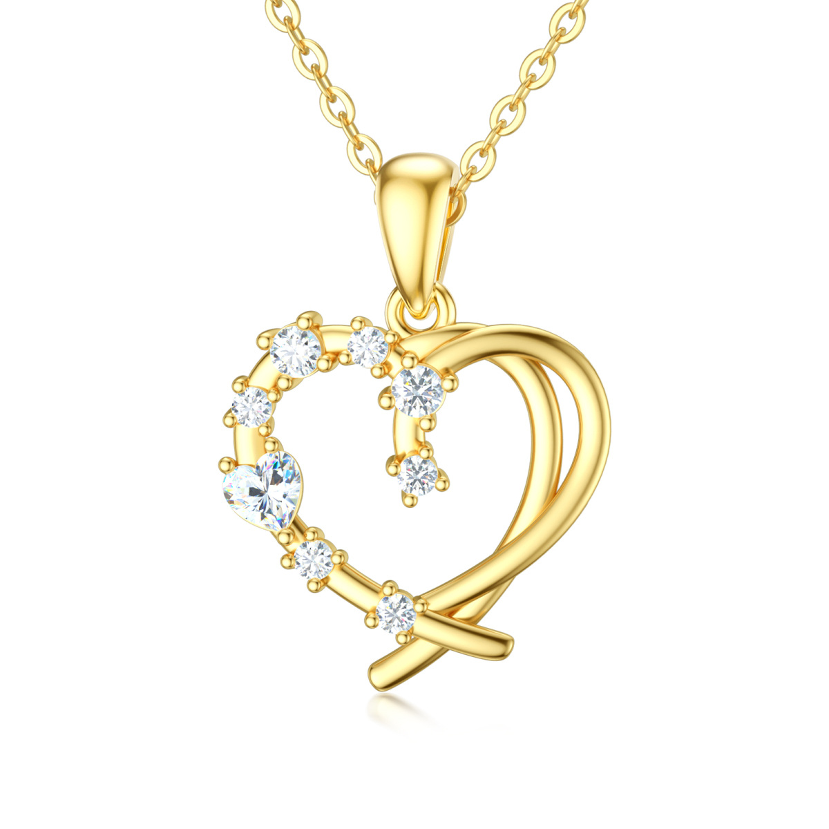 14K geelgouden zirkonia hart met hart hanger ketting voor dames-1