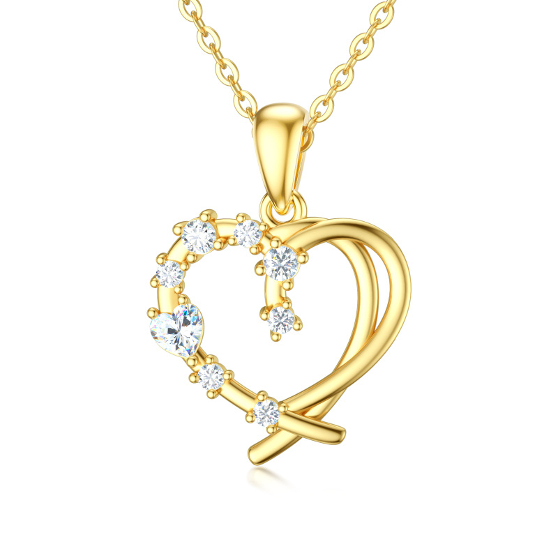 10K Yellow Gold Cubic Zirconia Heart With Heart Pendant Necklace For Women-8