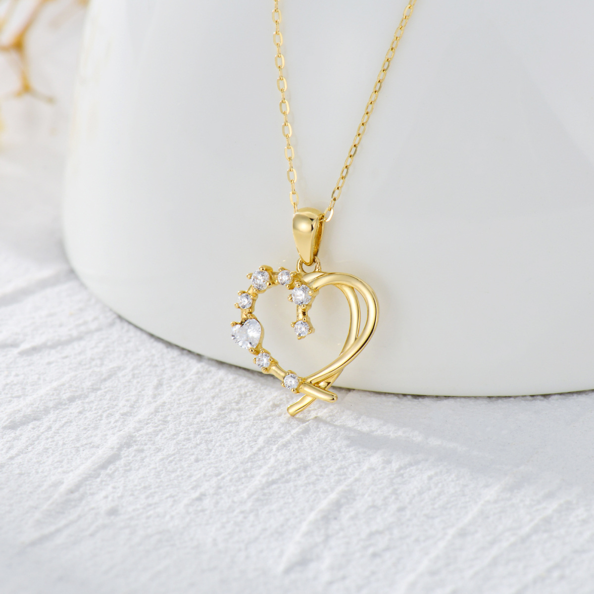 14K Yellow Gold Cubic Zirconia Heart With Heart Pendant Necklace For Women-3