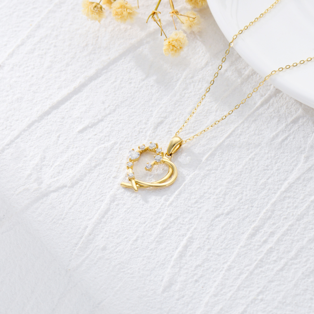 14K Yellow Gold Cubic Zirconia Heart With Heart Pendant Necklace For Women-4