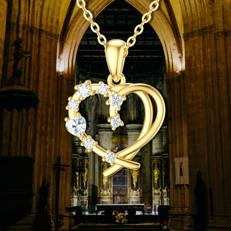 10K Yellow Gold Cubic Zirconia Heart With Heart Pendant Necklace For Women-5