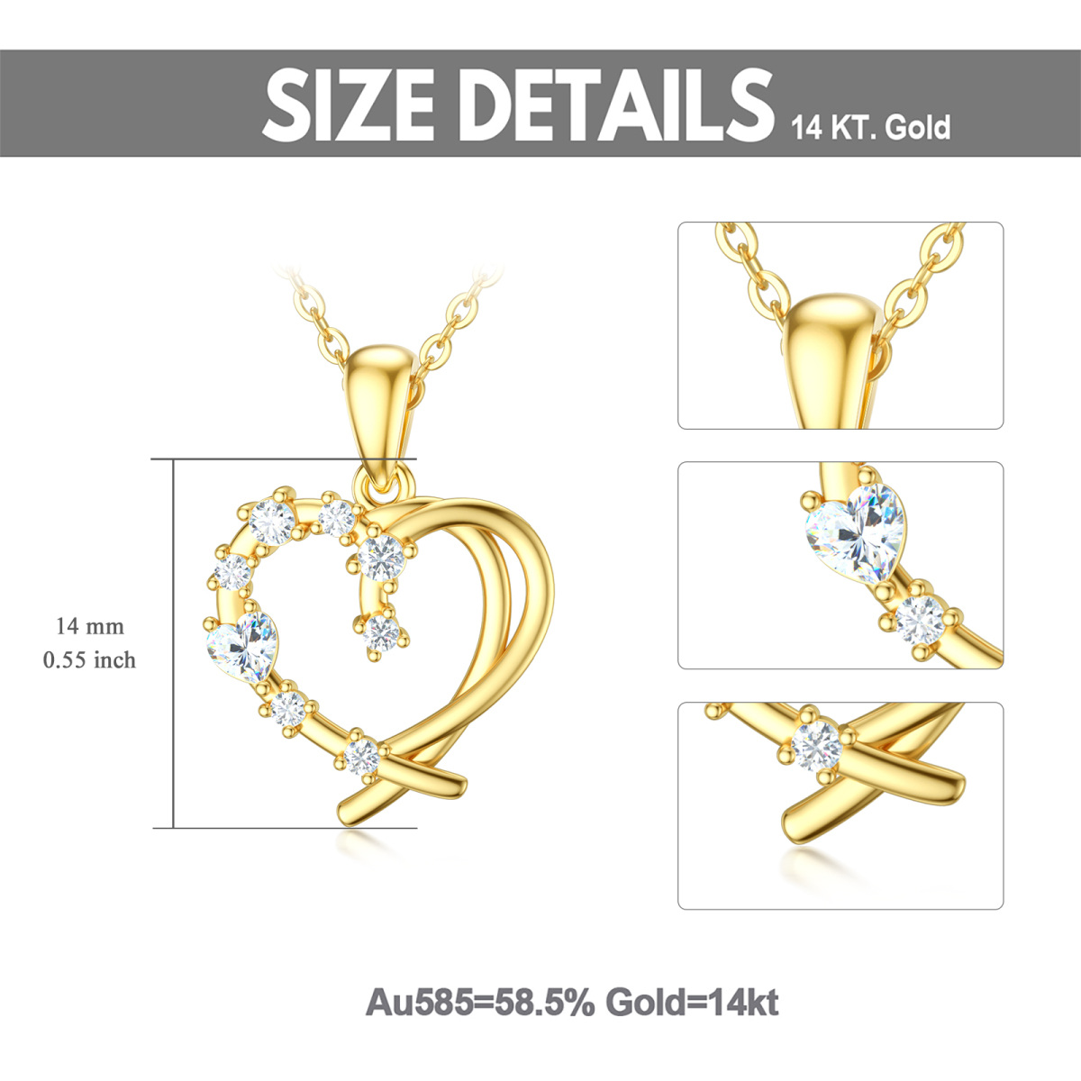 Collana con ciondolo a forma di cuore in oro giallo 14 carati con zirconi cubici per donna-6