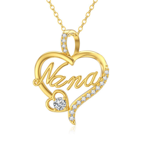 14K Gold Cubic Zirconia Heart Pendant Necklace with Engraved Word