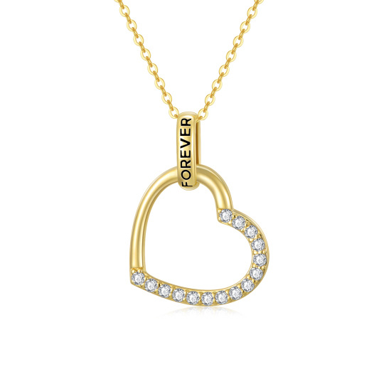 14K Gold Cubic Zirconia Heart Pendant Necklace with Engraved Word