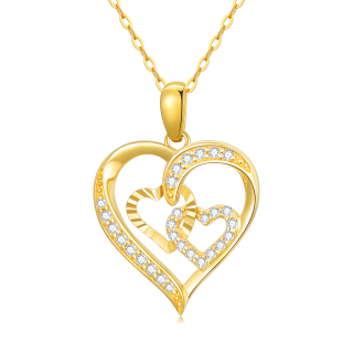 10K Gold Cubic Zirconia Interlocking Hearts Pendant Necklace For Women-49