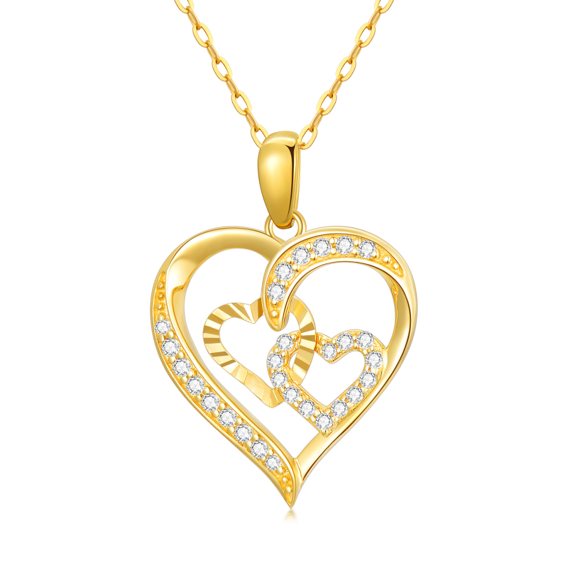 10K Gold Cubic Zirconia Interlocking Hearts Pendant Necklace For Women-11