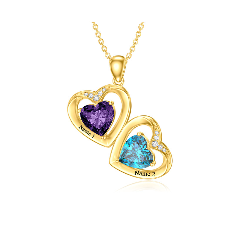 Collar con colgante de corazón con nombre clásico personalizado y piedra de nacimiento con circonita cúbica en oro de 14 quilates-3