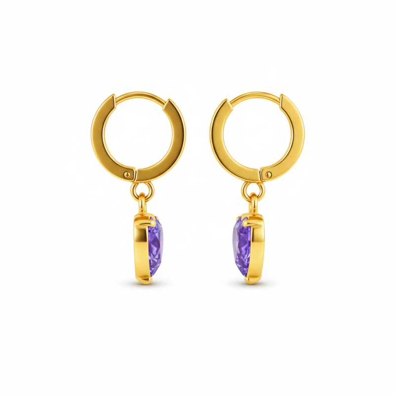 18K Rose Gold Heart Cut Cubic Zirconia Personalized Birthstone Drop Earrings-3