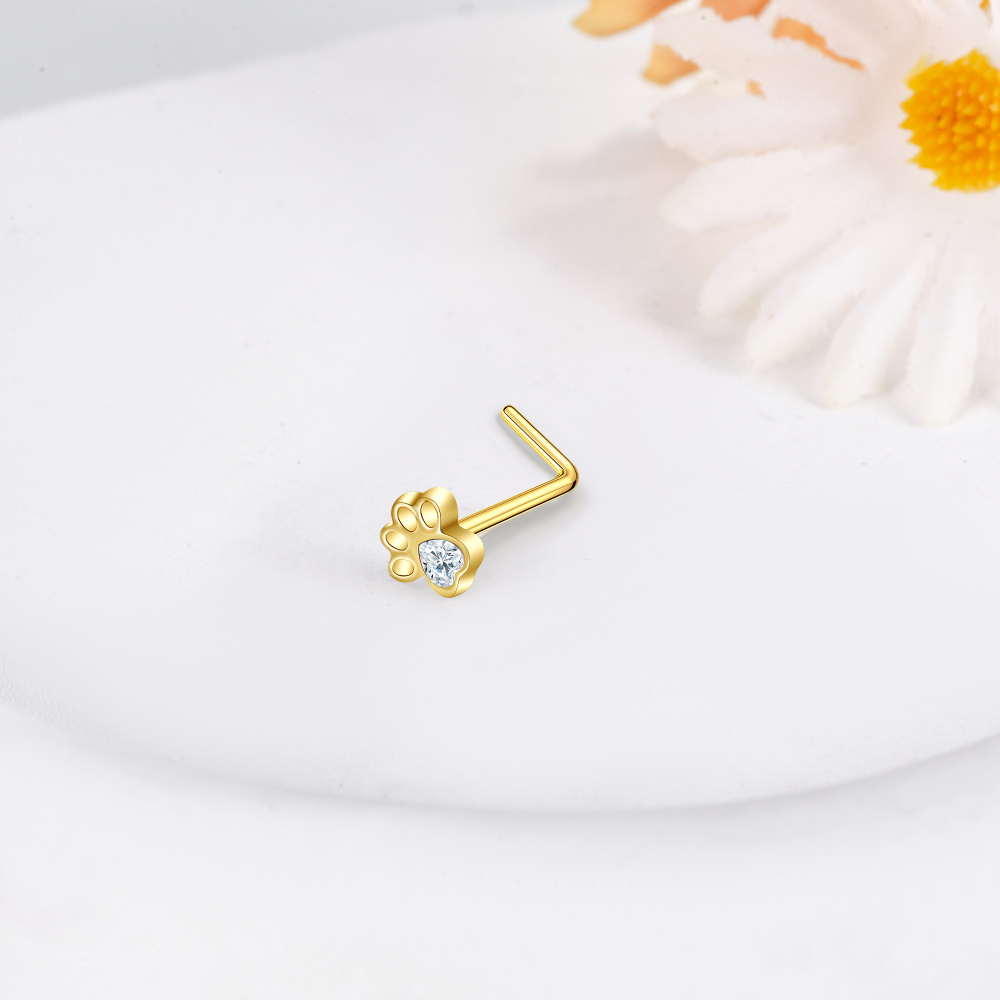 10K Gold Heart Cubic Zirconia & Personalized Birthstone Paw L Shaped Nose Ring-3