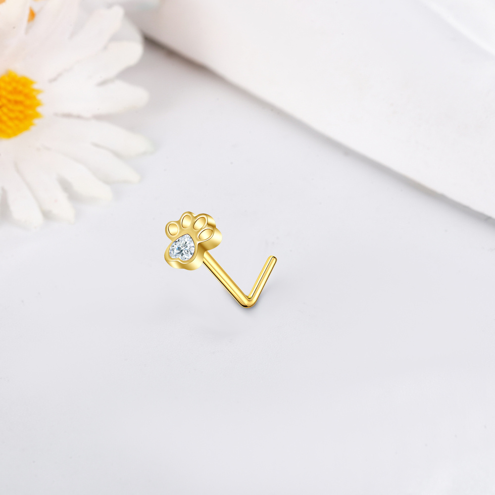 10K Gold Heart Cubic Zirconia & Personalized Birthstone Paw L Shaped Nose Ring-4
