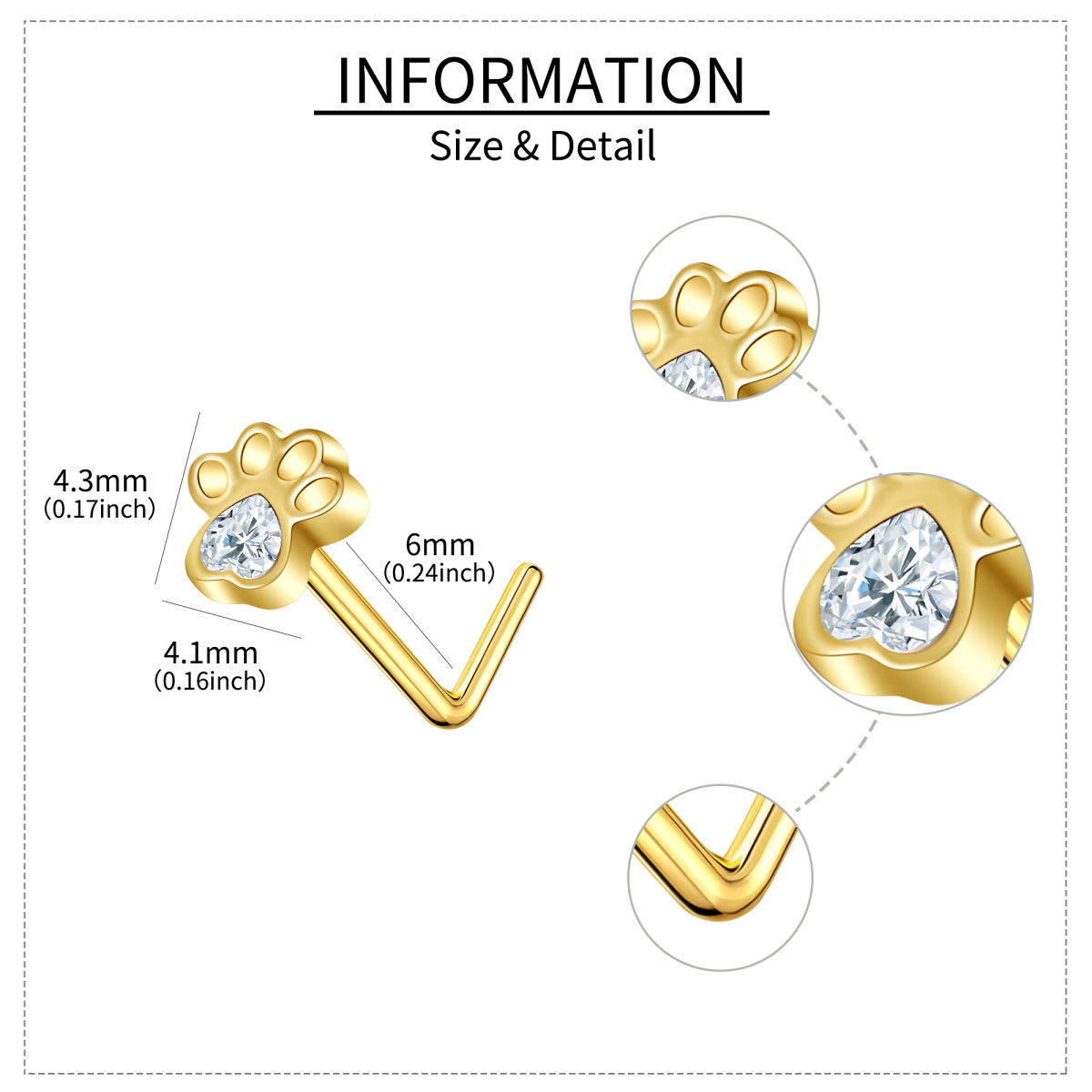 Anel de nariz em forma de L com pata de zircônia cúbica de coração de ouro 18K personalizado-5