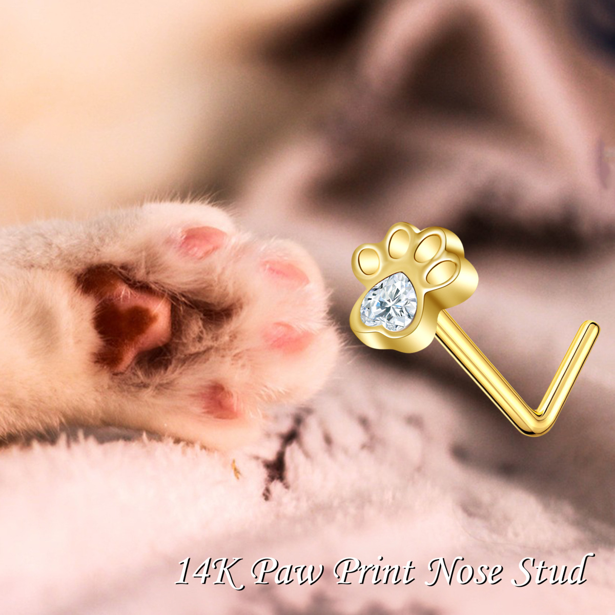 14K Gold Heart Cubic Zirconia & Personalized Birthstone Paw L Shaped Nose Ring-6