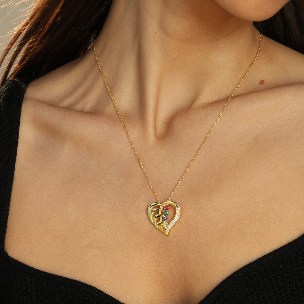 Collier en or 14K avec pendentif nom et pierre de naissance en forme de coeur personnalisé-2