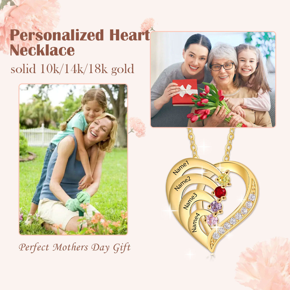 Collier en or 14K avec pendentif nom et pierre de naissance en forme de coeur personnalisé-7