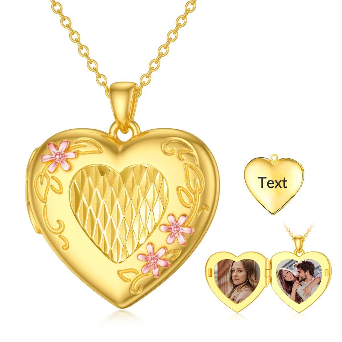 10K Gold Heart Personalized Photo Locket Necklace with Engraved Word-1