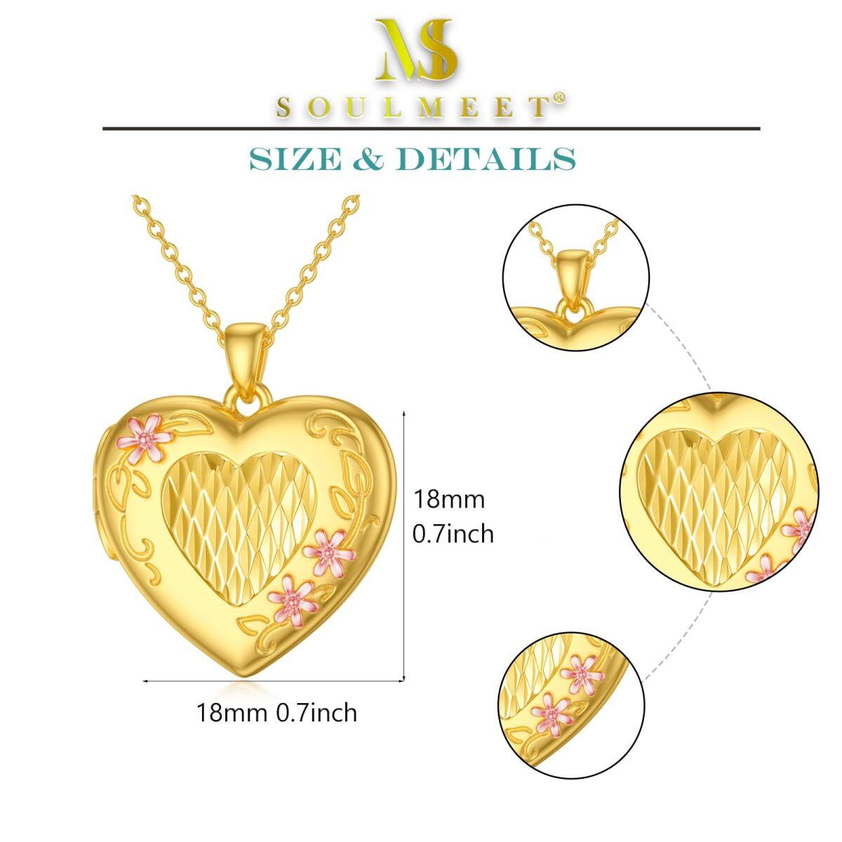 14K Gold Herz personalisierte Foto Medaillon Halskette mit eingraviertem Wort-4