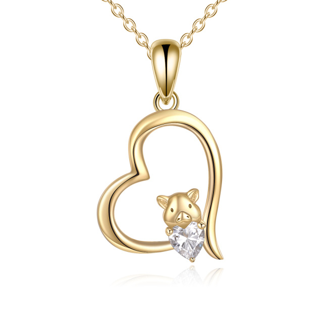 Collier en or 14K avec pendentif cochon et coeur en zircon cubique