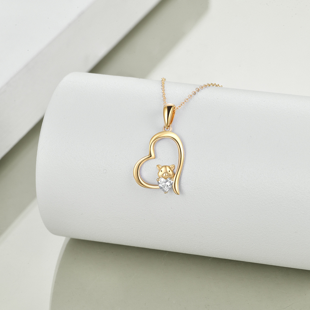 10K gouden hart zirkonia varken hanger ketting voor dames-4