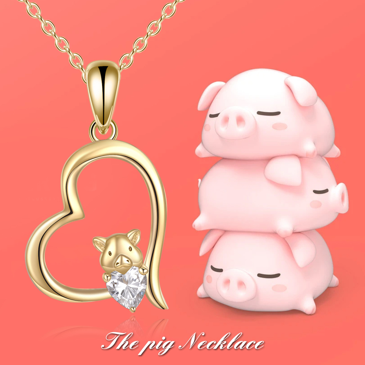 14K Gold Heart Cubic Zirconia Pig Pendant Necklace For Women-5