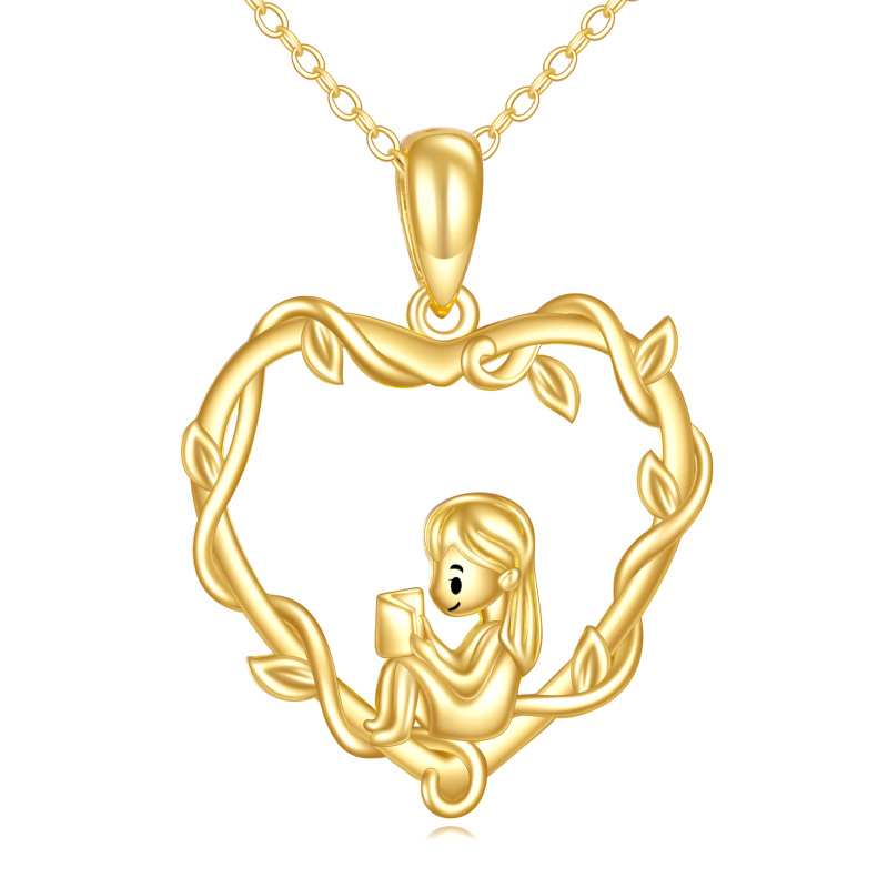 18K Gold Heart & Reading Girl Pendant Necklace-1