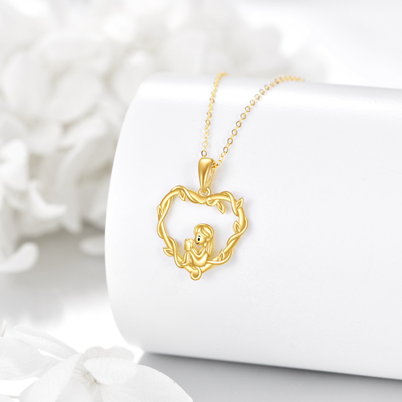 18K Gold Heart & Reading Girl Pendant Necklace-4