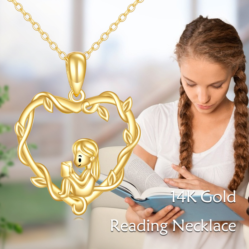18K Gold Heart & Reading Girl Pendant Necklace-5