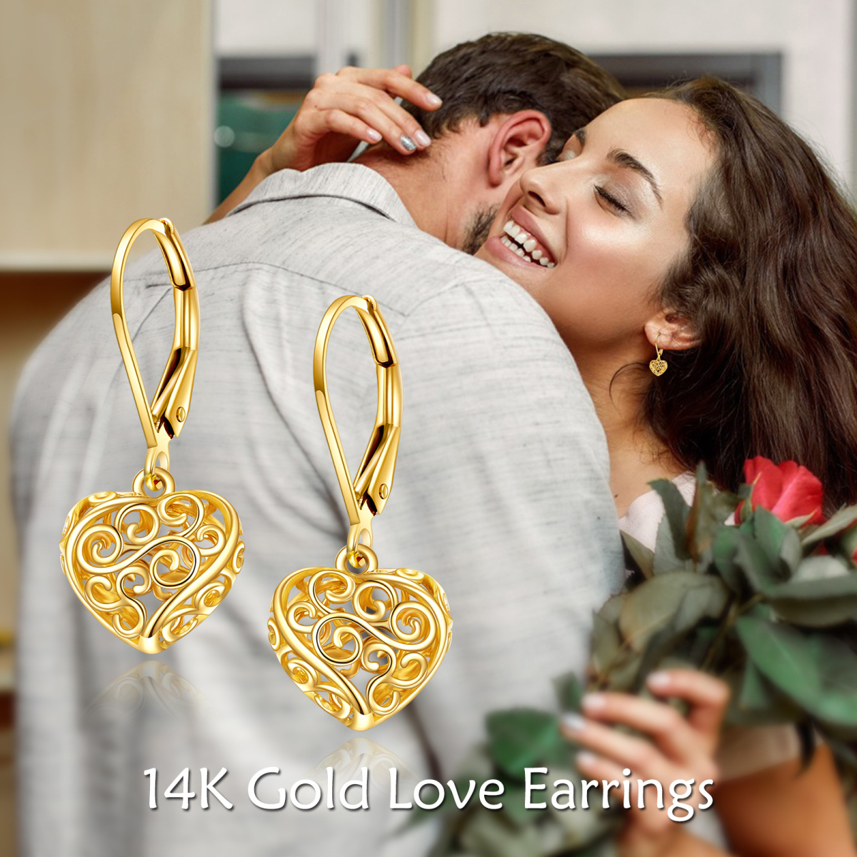 14K Gold Heart & Ribbon Drop Earrings-3