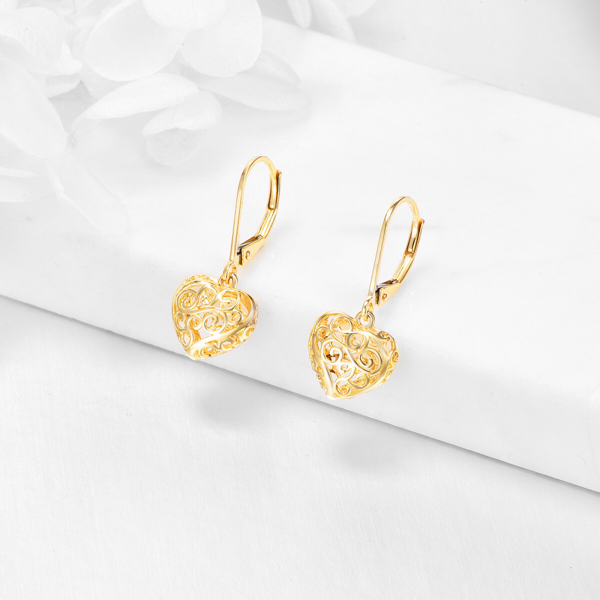 Pendientes de oro de 14 quilates con forma de corazón y lazo-4