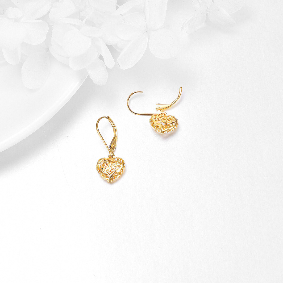 14K Gold Heart & Ribbon Drop Earrings-5