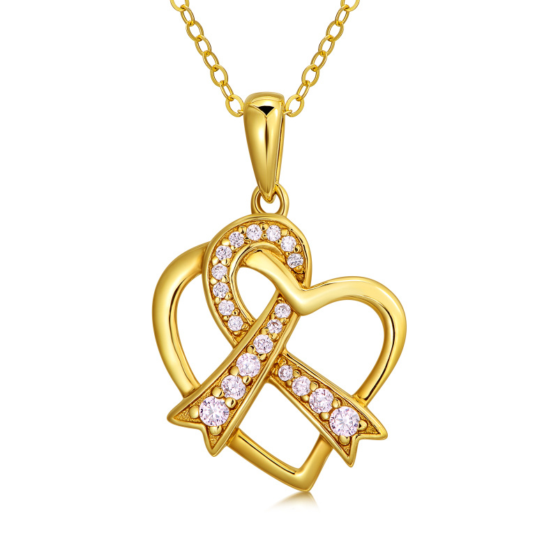 10K Gold Cubic Zirconia Heart & Ribbon Pendant Necklace-1