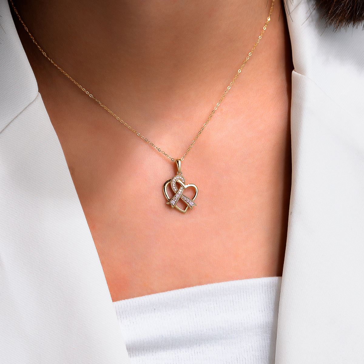 Collana con ciondolo a cuore e nastro con zirconia cubica in oro 14K-2