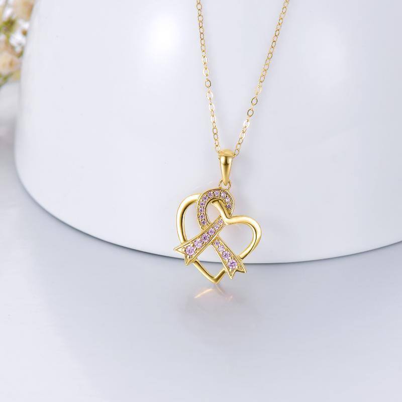 10K Gold Cubic Zirconia Heart & Ribbon Pendant Necklace-3