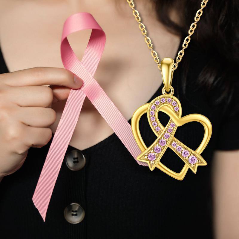 10K Gold Cubic Zirconia Heart & Ribbon Pendant Necklace-5