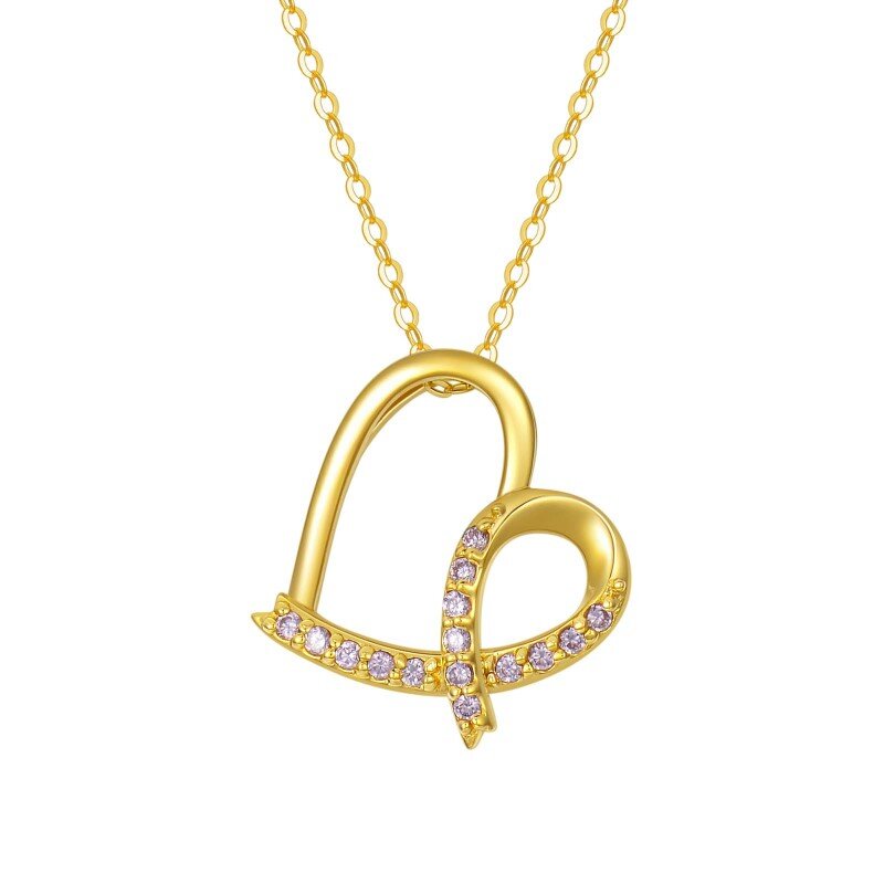 10K Gold Cubic Zirconia Heart & Ribbon Pendant Necklace-1