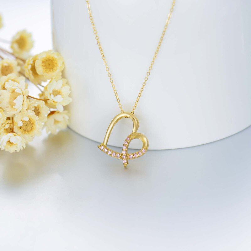 10K Gold Cubic Zirconia Heart & Ribbon Pendant Necklace-3