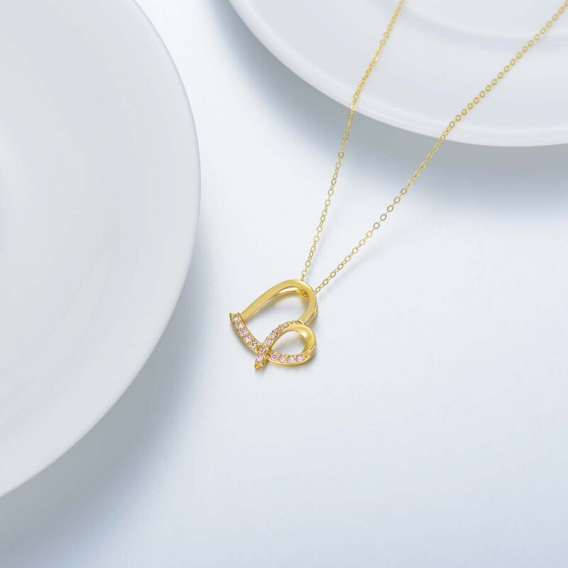 10K Gold Cubic Zirconia Heart & Ribbon Pendant Necklace-4