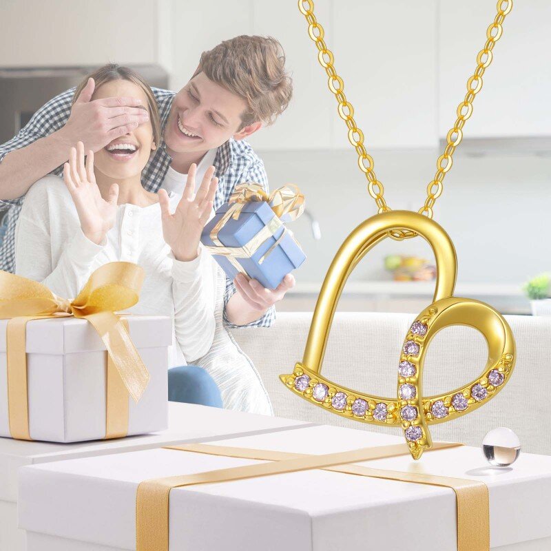 10K Gold Cubic Zirconia Heart & Ribbon Pendant Necklace-6