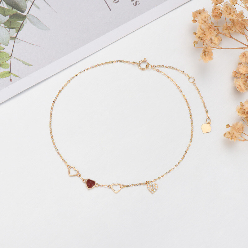 14K Gold Heart Agate Charm Bracelet For Women-3
