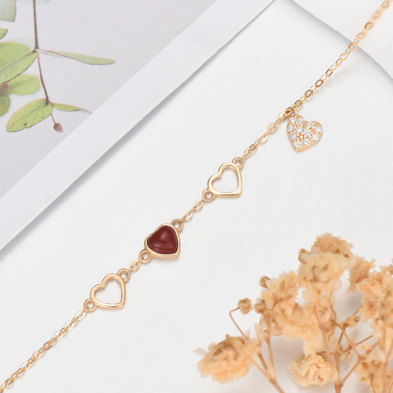 14K Gold Heart Agate Charm Bracelet For Women-4