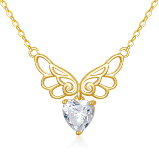 10K Gold Heart Shaped Cubic Zirconia Angel Wing Pendant Necklace-45