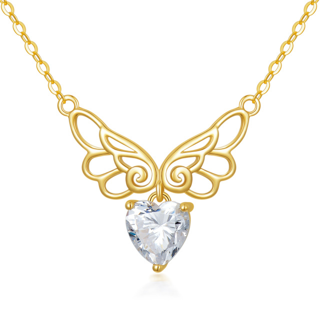 14K Gold Heart Shaped Cubic Zirconia Angel Wing Pendant Necklace-5