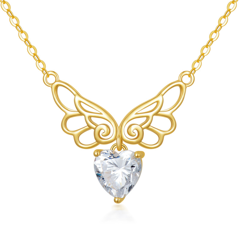 10K Gold Heart Shaped Cubic Zirconia Angel Wing Pendant Necklace-1