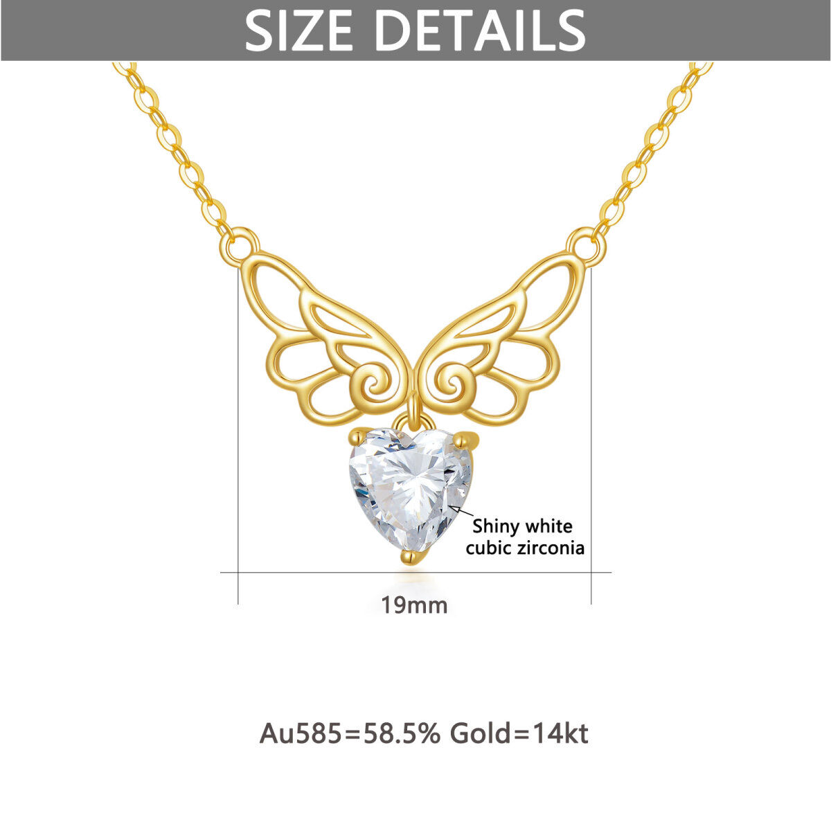 14K Gold Herzform Cubic Zirkonia Engelsflügel Anhänger Halskette-6